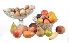 Twenty one pieces of painted wax and composition fruit, 20th century, in a circular cut glass bowl