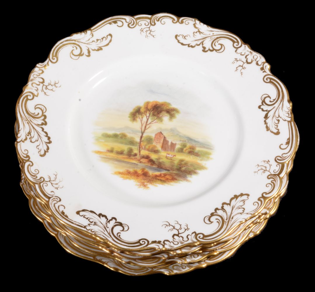 A Ridgway porcelain rococo revival part dessert service, mid 19th century, painted with landscape - Image 2 of 20
