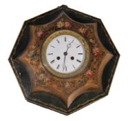 A French tole peinte sedan clock case, 19th century, of octagonal form, with white enamel Roman