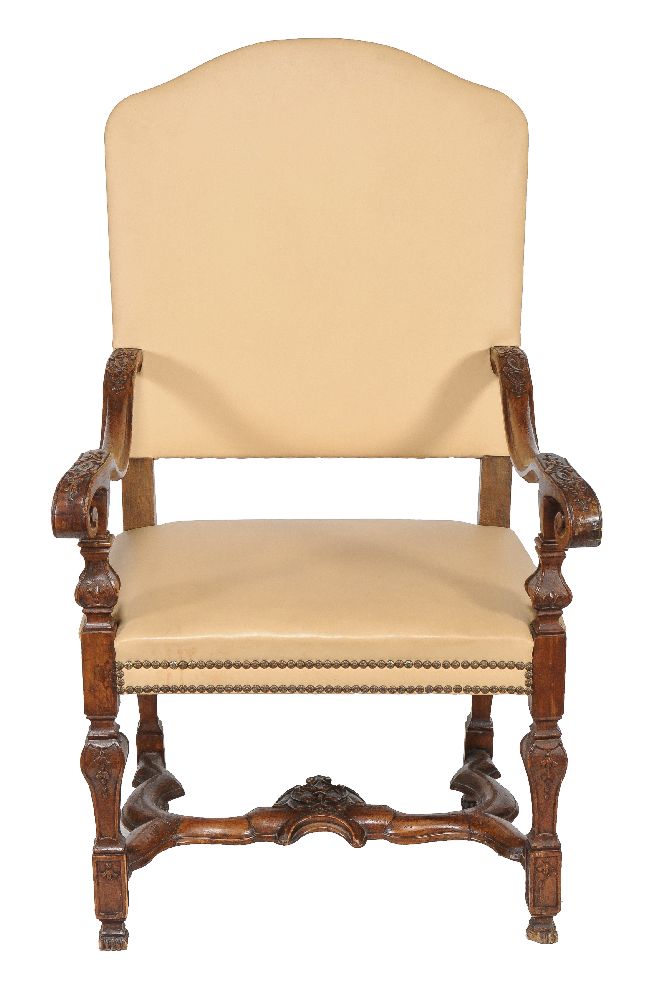 A Continental walnut and leather upholstered armchair, early 18th century and later, - Image 2 of 4