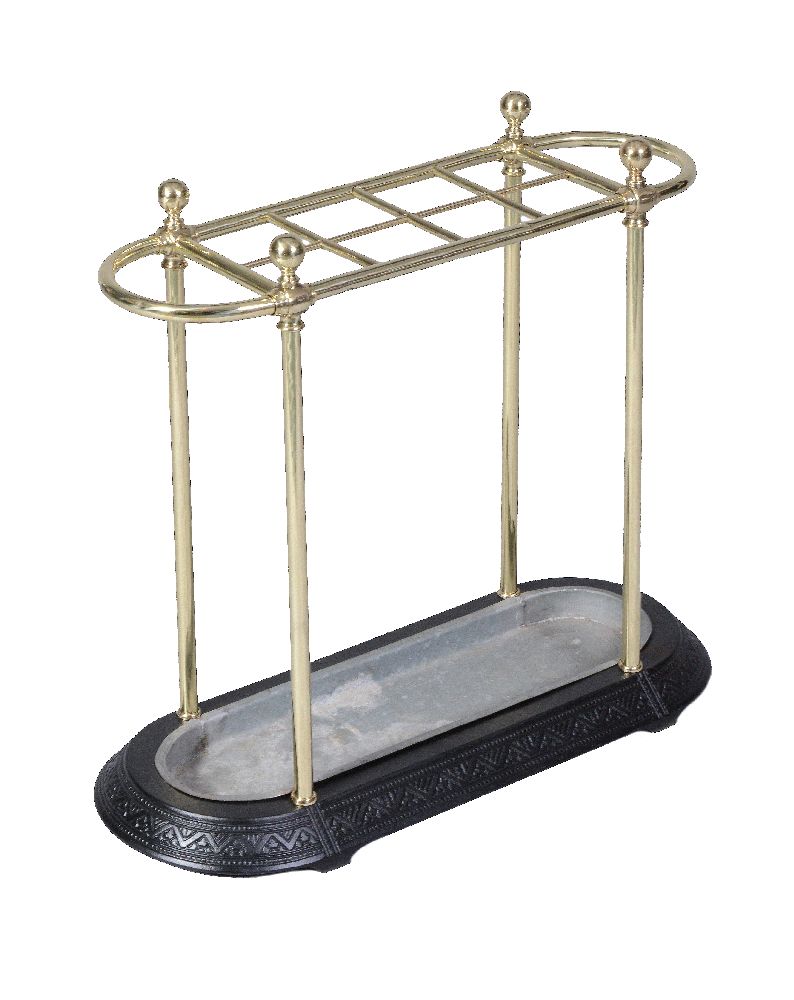 A late Victorian cast iron and brass mounted stick stand, circa 1890, the superstructure of