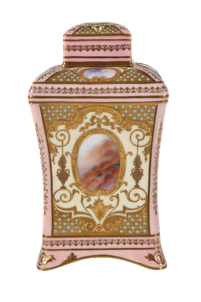 A 'jewelled' Coalport square section tapered urn and cover, circa 1900, decorated with marbled