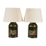 A pair of painted metal table lamps in the style of Regency tea canisters, late 20th century, of