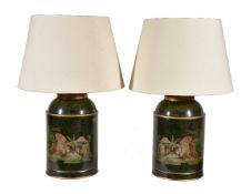 A pair of painted metal table lamps in the style of Regency tea canisters, late 20th century, of