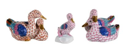 Two similar modern Herend models of pairs of ducks, blue printed, painted and impressed marks,