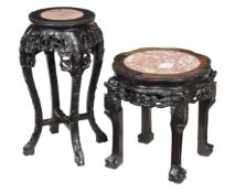 A Chinese hardwood marble topped low stand, and a 45cm high, the shaped top 42cm wide, together with