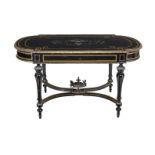 A Napoleon III ebonised, inlaid, and gilt metal mounted centre table, second half 19th century, with