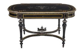 A Napoleon III ebonised, inlaid, and gilt metal mounted centre table, second half 19th century, with