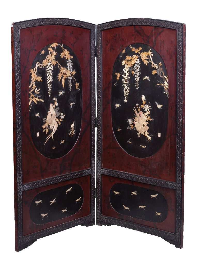 ϒ A Japanese Four-Fold Wood Screen, early 20th century, the frame carved with reserves of peonies - Image 5 of 8