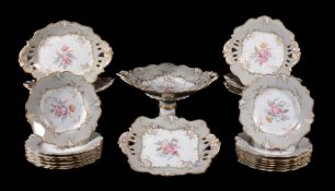 A John Ridgway porcelain 'Rococo revival grey-ground part dessert service, circa 1840, comprising: