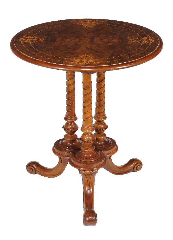 A Victorian circular walnut and inlaid occasional table, circa 1870, 65cm high, 58cm diameter