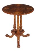 A Victorian circular walnut and inlaid occasional table, circa 1870, 65cm high, 58cm diameter