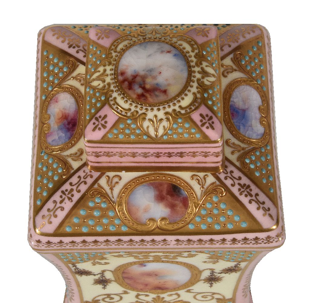 A 'jewelled' Coalport square section tapered urn and cover, circa 1900, decorated with marbled - Image 5 of 6