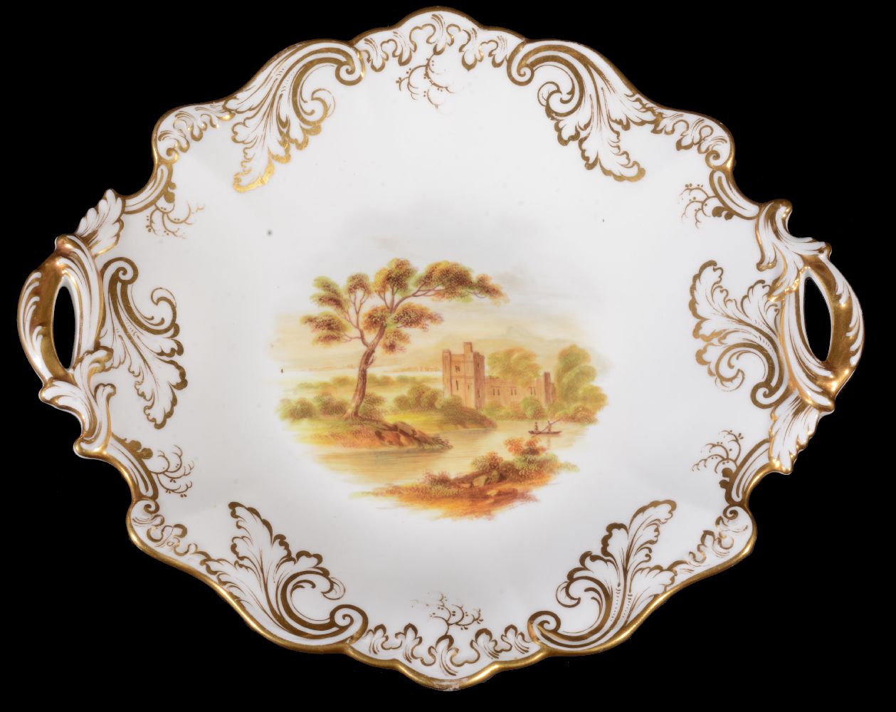 A Ridgway porcelain rococo revival part dessert service, mid 19th century, painted with landscape - Image 3 of 20