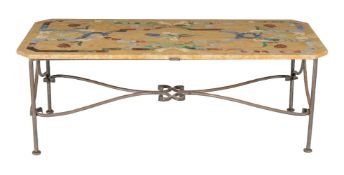 A marble topped wrought iron low centre or coffee table, 20th century, 53cm high, 150cm long, 70cm