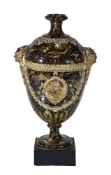 A Neale & Co. solid agate creamware and gilt ovoid pedestal vase, circa 1780, the marbled body