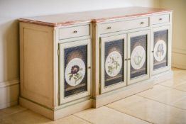 A green painted and marble topped side cabinet, late 20th century, of breakfront outline the doors