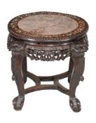 ϒ A Chinese hardwood and mother-of-pearl inlaid jardinière stand, 45cm high, 44cm diameter