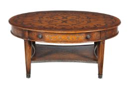 A mahogany and inlaid low centre table, in George III style, 20th century, the oval top perfuse