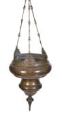 A Dutch brass hanging lamp, late 17th century, of waisted circular form, with three suspension