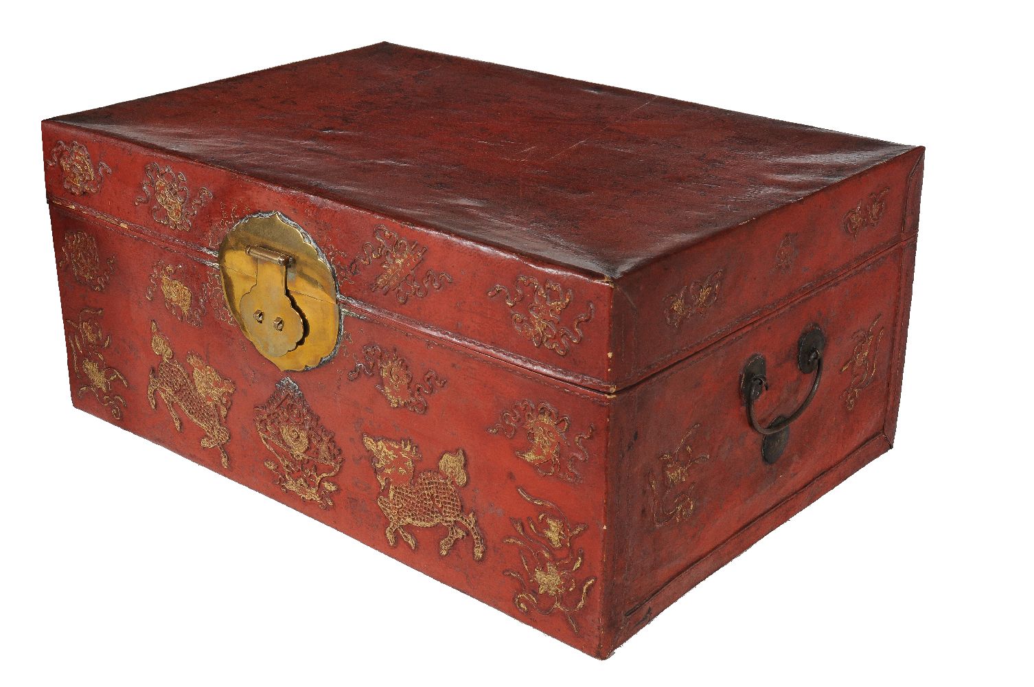 A red leather and parcel gilt small travelling chest, 32cm high, 71cm wide, 47cm deep, together with - Image 2 of 3