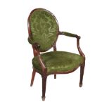 A George III mahogany and green damask type upholstered armchair, circa 1800, 92cm high, 63cm