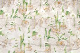 Three pairs of off-white curtains printed with an overall design of glass vessels containing