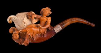 A meerschaum pipe, early 20th century, carved with a seated young lady holding a bunch of flowers