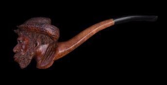 A briar pipe, early 20th century, carved as a man's head wearing a straw hat, with inset two-
