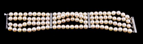 A cultured pearl and diamond bracelet, the four rows of uniform cultured pearls, measuring