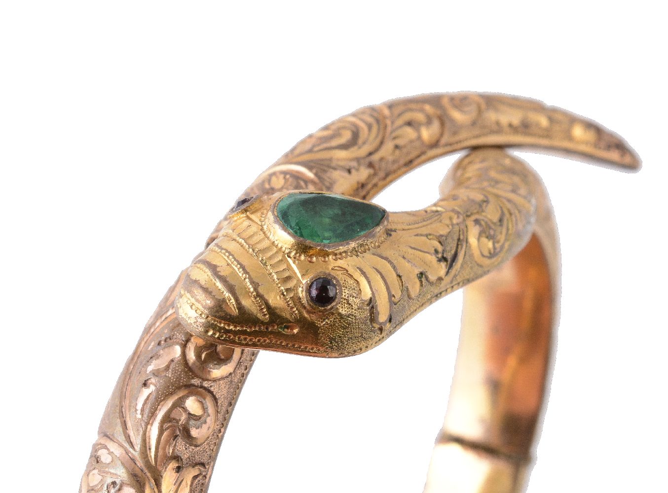 A Victorian 9 carat gold lover's knot bangle, with chased foliate detail, stamped 9ct, 6cm inner - Image 2 of 3