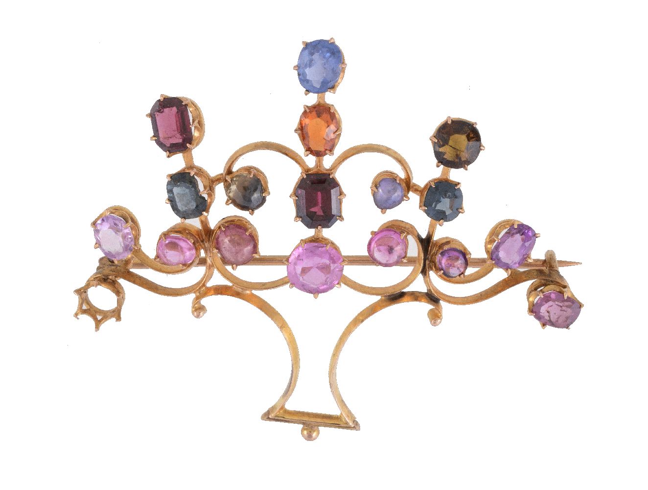 A multi gem set giardinetto brooch, set with vari cut gemstones including, pink sapphires,