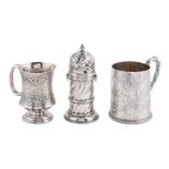 Two Victorian silver christening mugs and a sugar caster, the first mug tapered cylindrical by