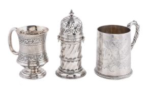 Two Victorian silver christening mugs and a sugar caster, the first mug tapered cylindrical by