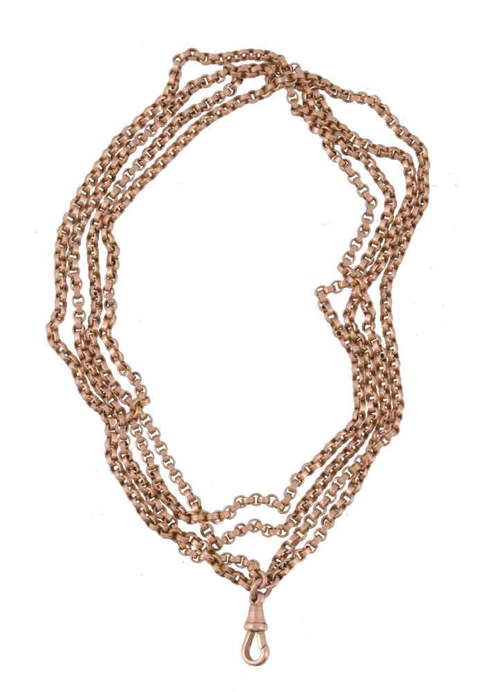 An early 20th century gold long chain, composed of belcher links, with a lobster claw clasp, stamped