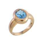 A blue topaz dress ring, the oval cut blue topaz within a polished gold coloured setting, the