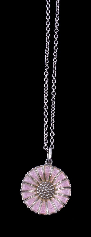 Georg Jensen, Daisy, a silver and enamel pendant, with a pink enamel daisy, on a belcher link chain,