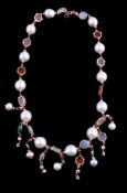 A South Sea cultured pearl and gem set necklace, the South Sea cultured pearls with interspersed