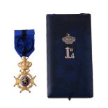 Belgium, Order of Leopold II, gilt and blue enamel breast badge with suspender and blue ribbon, in