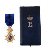 Belgium, Order of Leopold II, gilt and blue enamel breast badge with suspender and blue ribbon, in