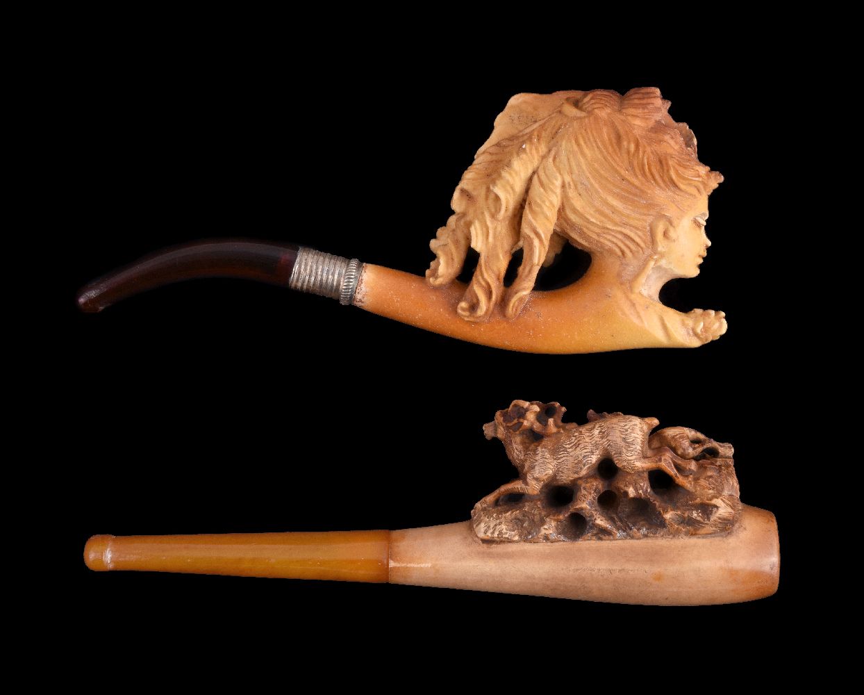 Two meerschaum cheroot pipes, each circa 1900, the first carved as a lady's head, the second with - Image 3 of 3