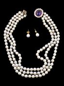A cultured pearl and amethyst choker necklace, the three strands of uniform cultured pearls,