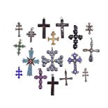 ϒ A group of seventeen antique and later cross and crucifix pendants, to include: a micromosaic