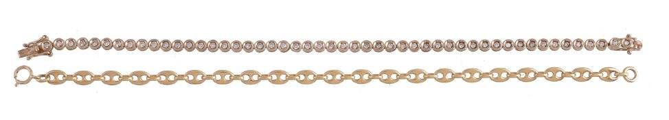 A 9 carat gold diamond tennis bracelet, set along the line with brilliant cut diamonds,