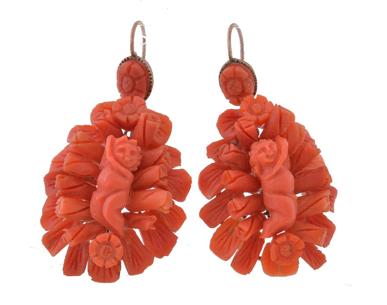 ϒ A pair of coral earrings, each carved with an infant among foliage, with shepherd's hook fittings,