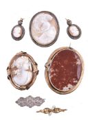 A small collection of antique jewellery, to include a shell cameo brooch carved with Hebe and the