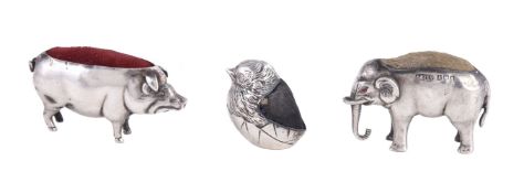 Three silver small novelty animal pin cushions, comprising: an elephant by Adie & Lovekin Ltd,
