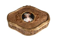 A French Palais Royale gilt metal box, circa 1900, quatrefoil and the cover mounted with a