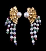 A pair of cultured pearl and gem set earrings, the principal cultured pearl within an undulating