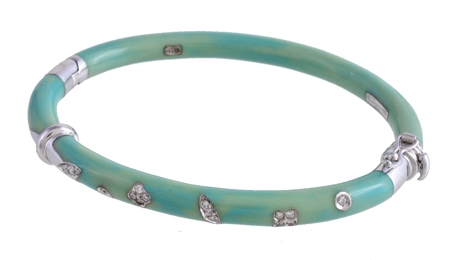 A resin and diamond hinged bangle by La Nouvelle Bague, the green resin bangle inlaid with brilliant - Image 2 of 2